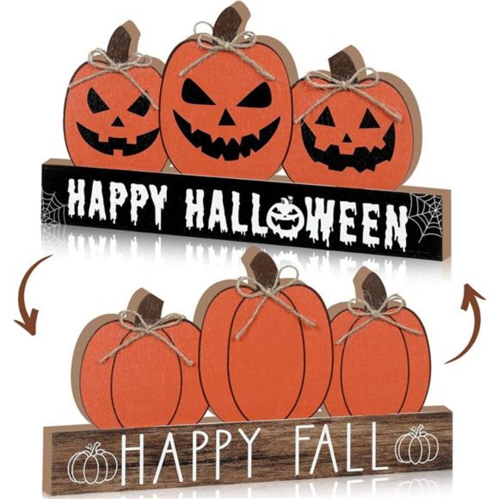 Fall Pumpkin Table Sign Double Side Happy Fall and Halloween Tabletop‎ Decor